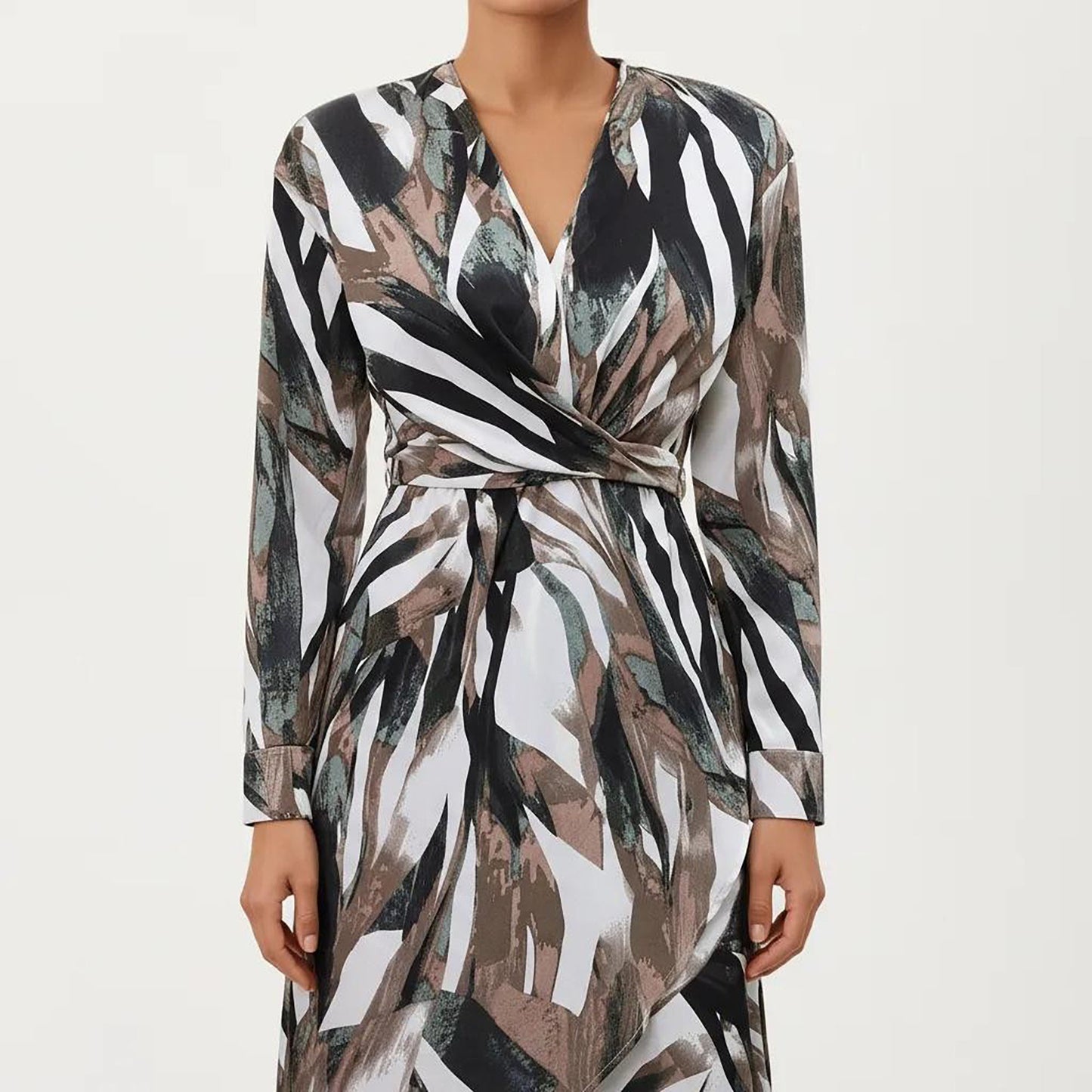 Abstract Print Long Sleeve Wrap Dress with Belt and Asymmetrical Hem for a Flattering Fit