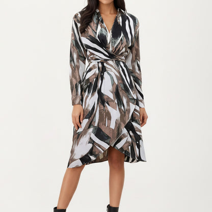 Abstract Print Long Sleeve Wrap Dress with Belt and Asymmetrical Hem for a Flattering Fit