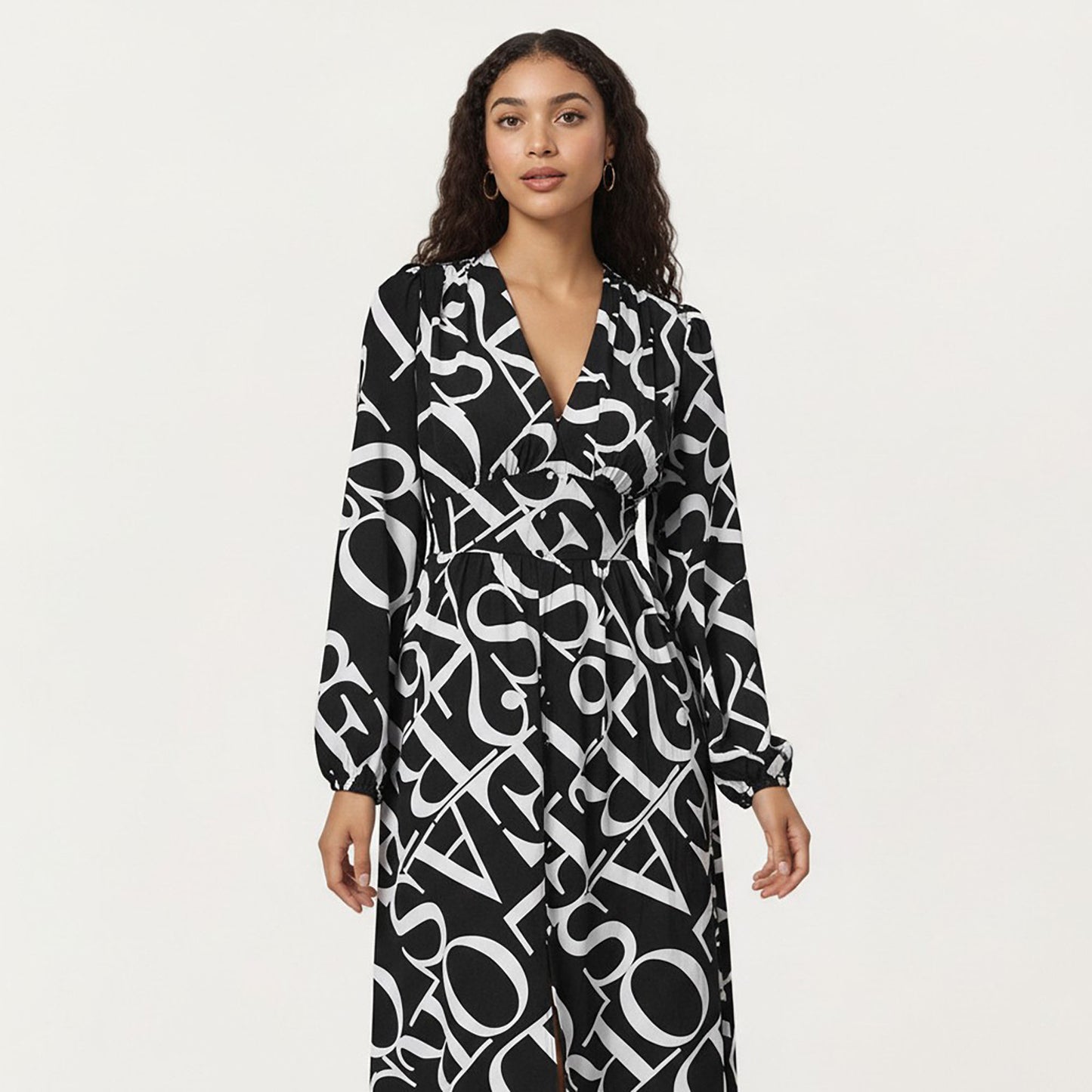 Black and White Abstract Logo Print Long Sleeve Wrap Dress with Belt and Asymmetrical Hem