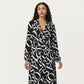 Black and White Abstract Logo Print Long Sleeve Wrap Dress with Belt and Asymmetrical Hem