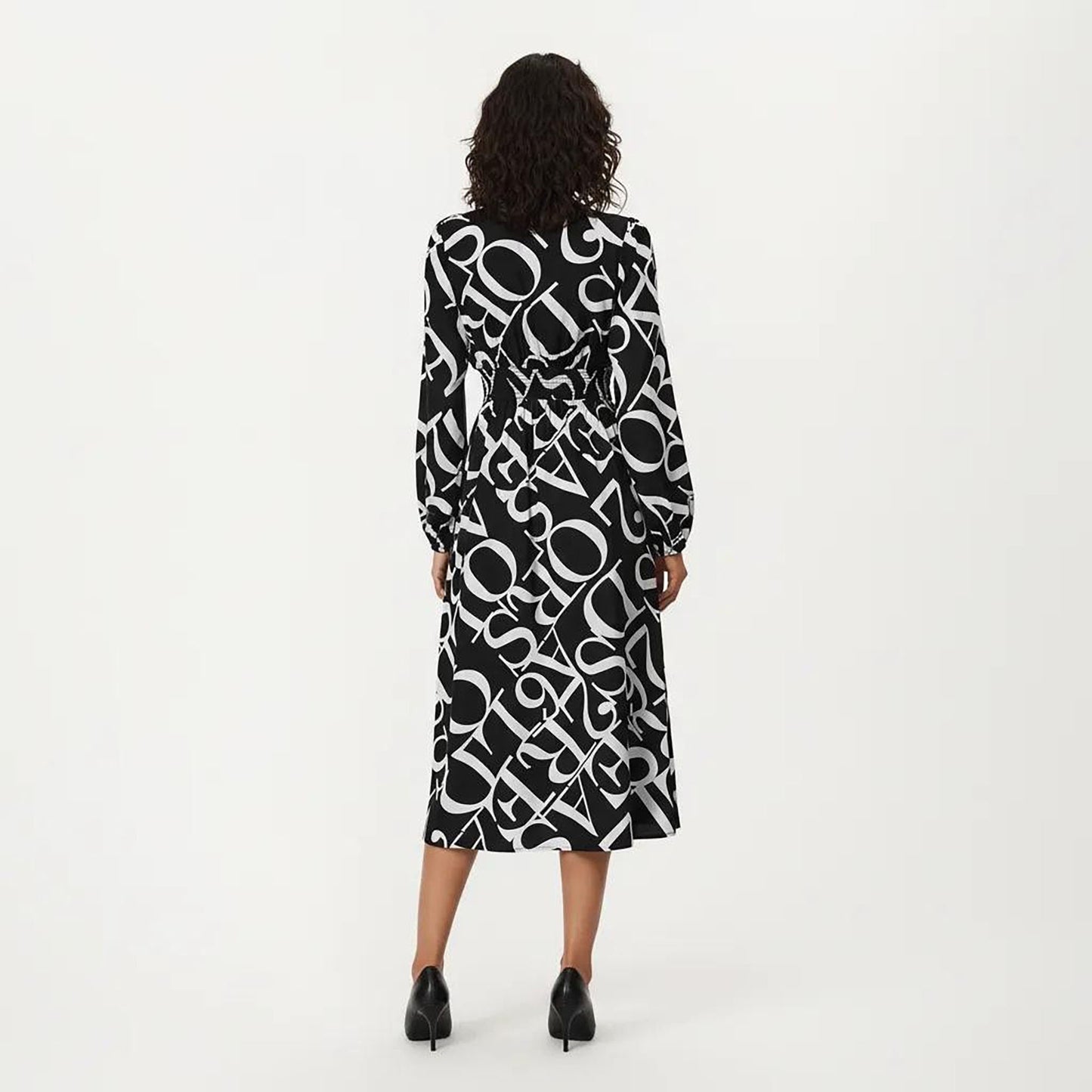 Black and White Abstract Logo Print Long Sleeve Wrap Dress with Belt and Asymmetrical Hem