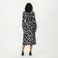 Black and White Abstract Logo Print Long Sleeve Wrap Dress with Belt and Asymmetrical Hem