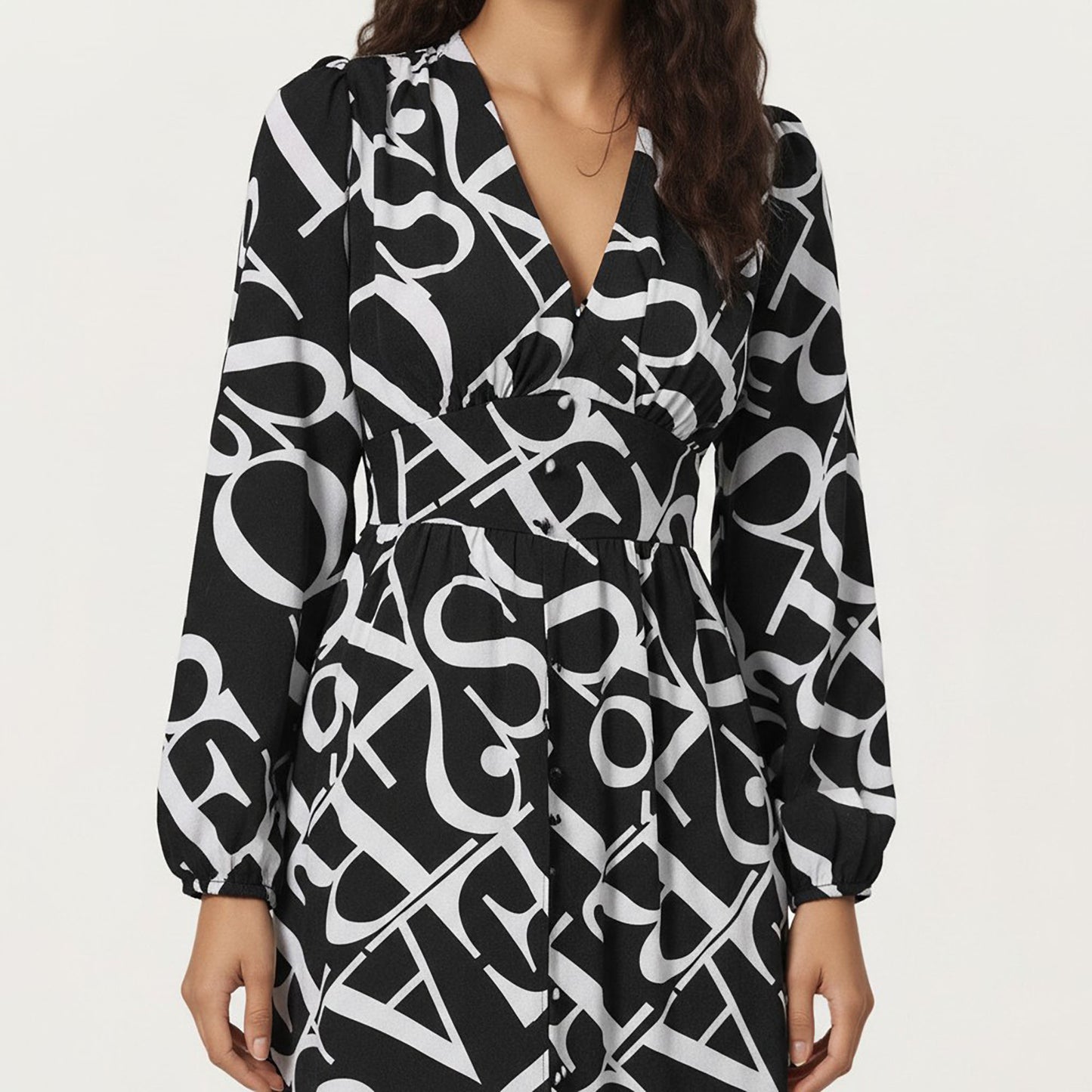 Black and White Abstract Logo Print Long Sleeve Wrap Dress with Belt and Asymmetrical Hem