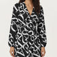 Black and White Abstract Logo Print Long Sleeve Wrap Dress with Belt and Asymmetrical Hem