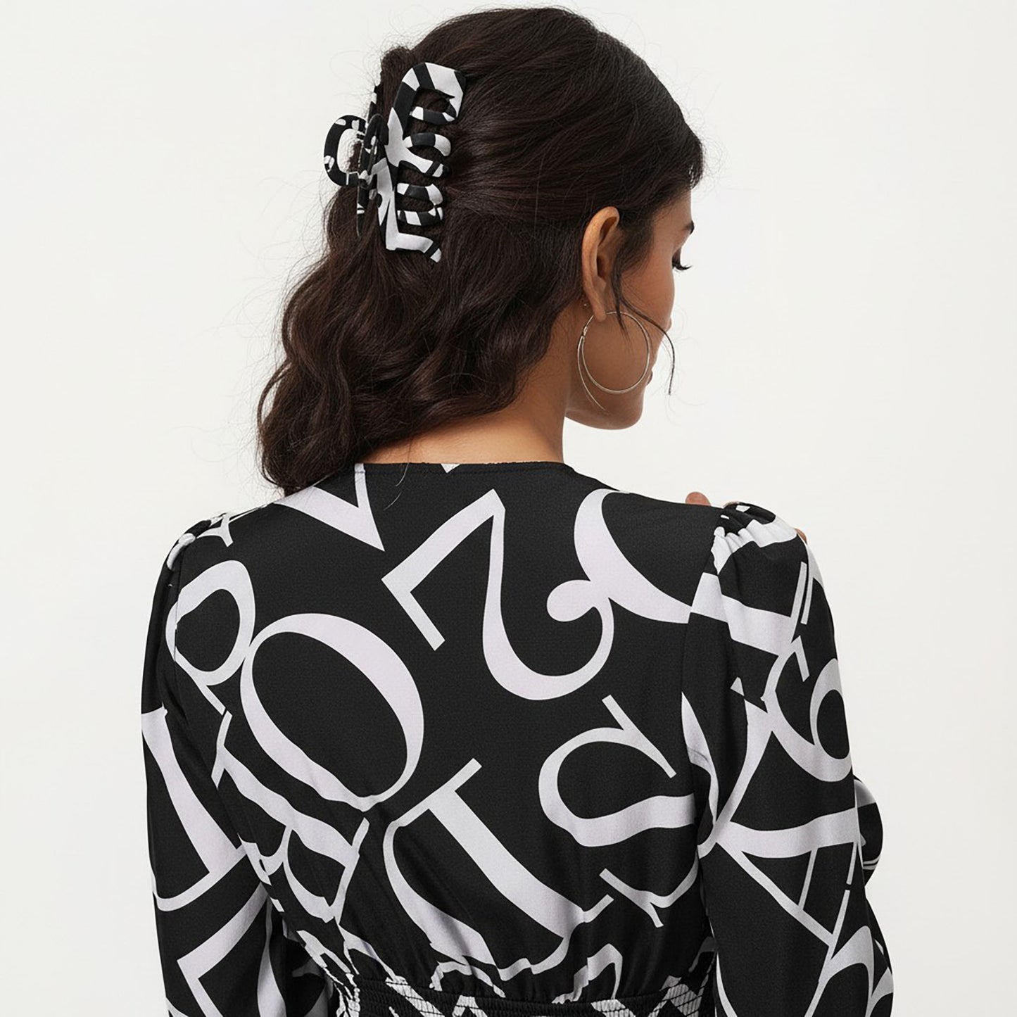 Black and White Abstract Logo Print Long Sleeve Wrap Dress with Belt and Asymmetrical Hem