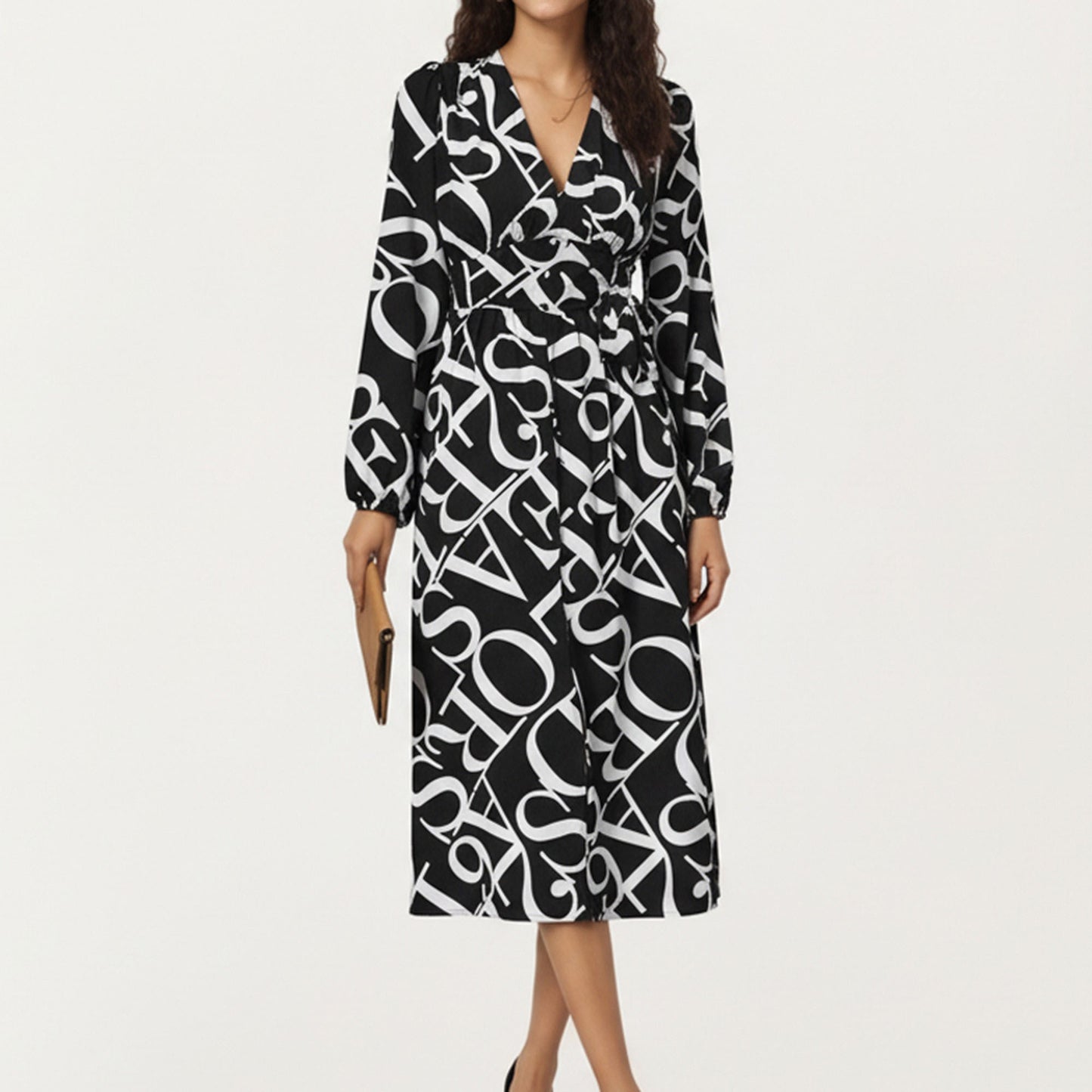 Black and White Abstract Logo Print Long Sleeve Wrap Dress with Belt and Asymmetrical Hem