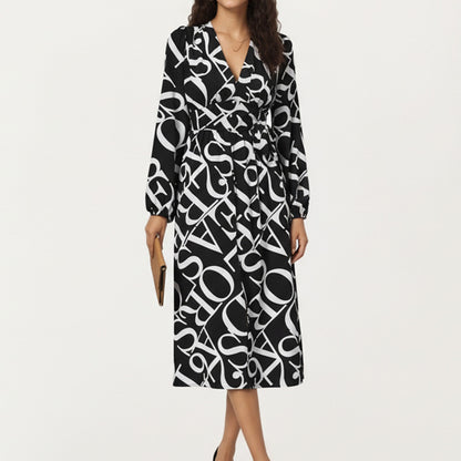 Black and White Abstract Logo Print Long Sleeve Wrap Dress with Belt and Asymmetrical Hem