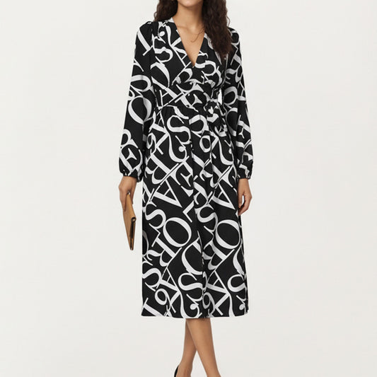 Black and White Abstract Logo Print Long Sleeve Wrap Dress with Belt and Asymmetrical Hem
