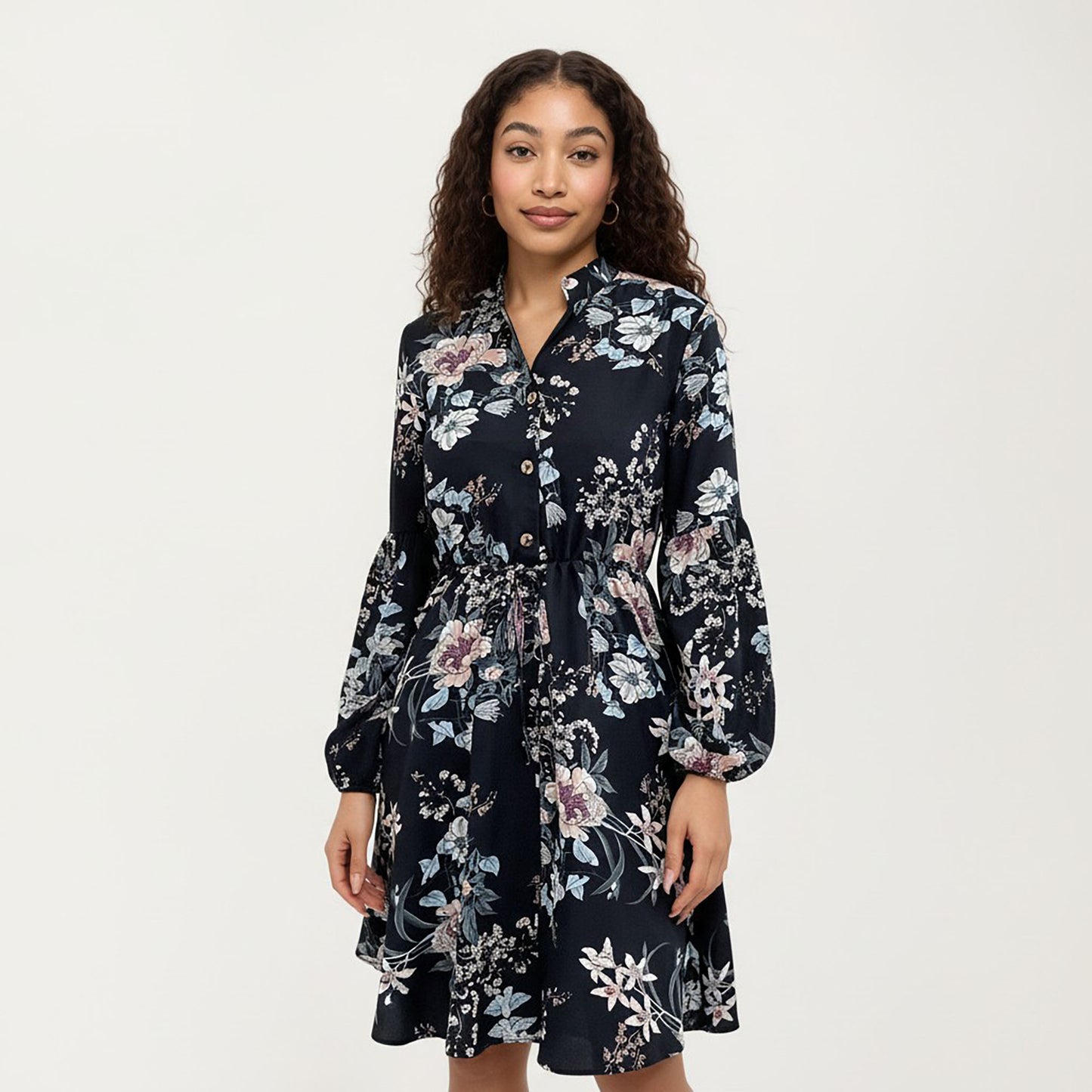 Floral Print Shirt Dress with Tie Waist and Long Sleeves