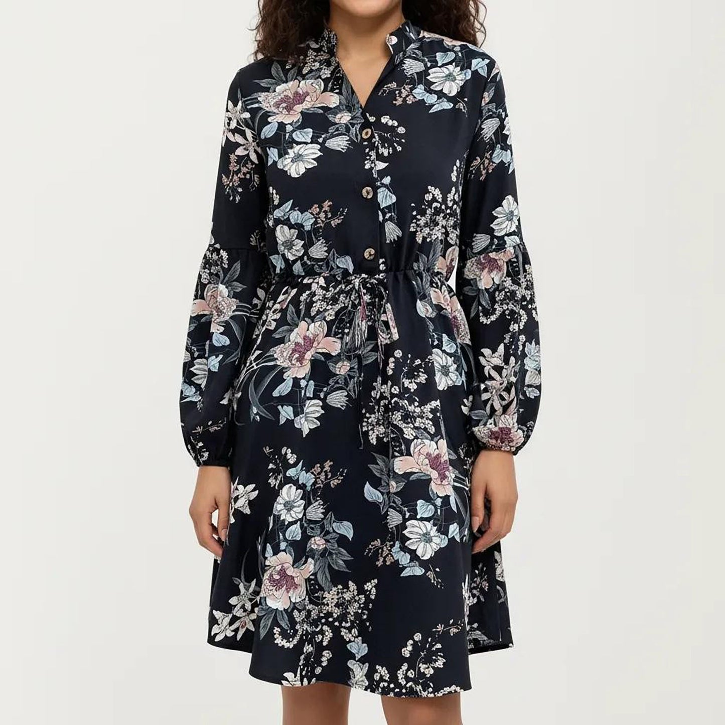 Floral Print Shirt Dress with Tie Waist and Long Sleeves
