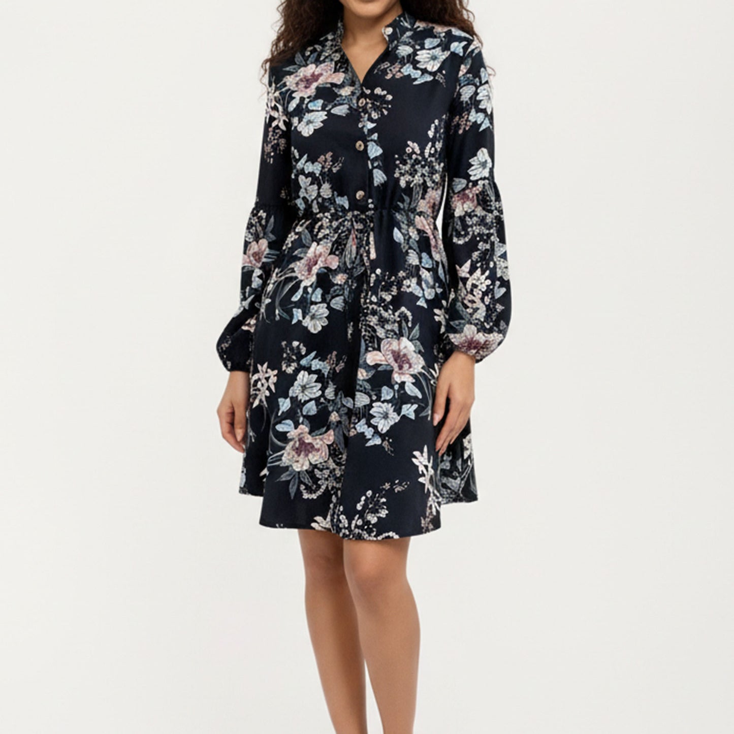 Floral Print Shirt Dress with Tie Waist and Long Sleeves