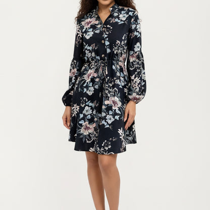 Floral Print Shirt Dress with Tie Waist and Long Sleeves