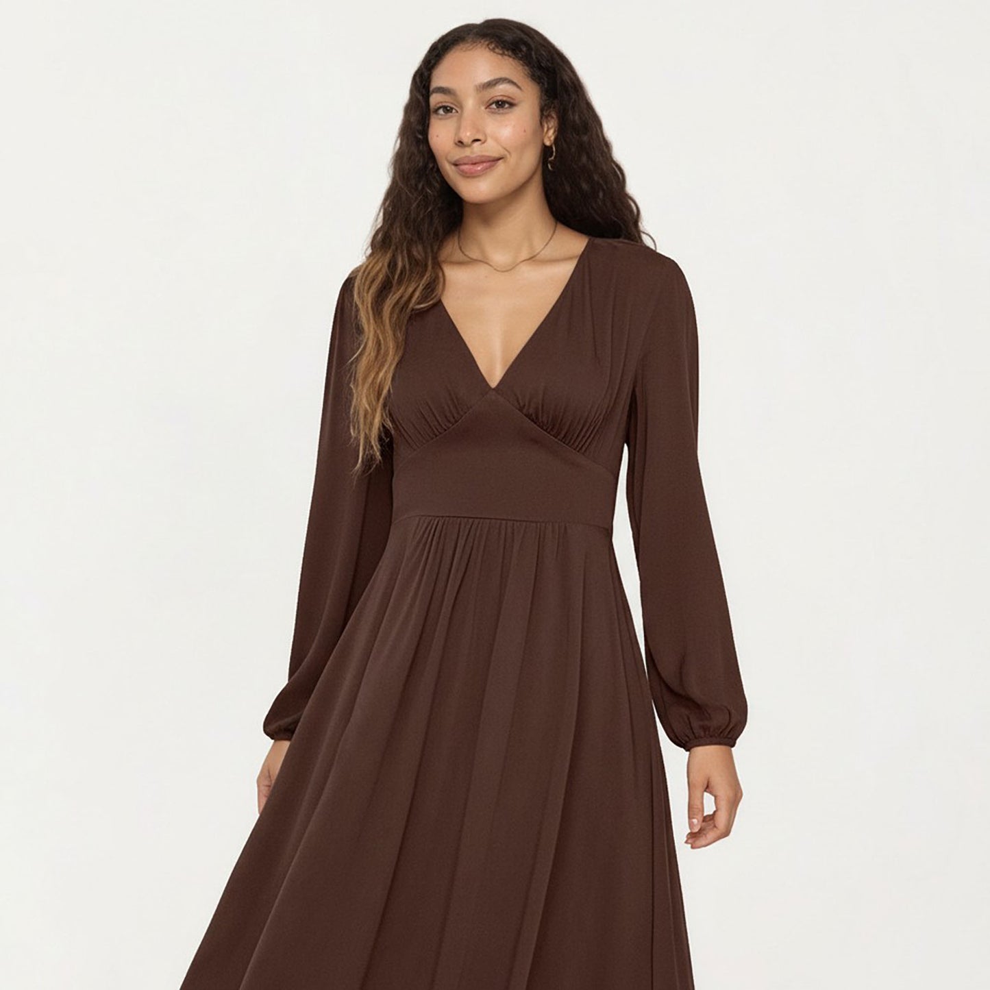 Long Sleeve Brown Dress with V-Neck and Elastic Waist