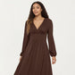 Long Sleeve Brown Dress with V-Neck and Elastic Waist