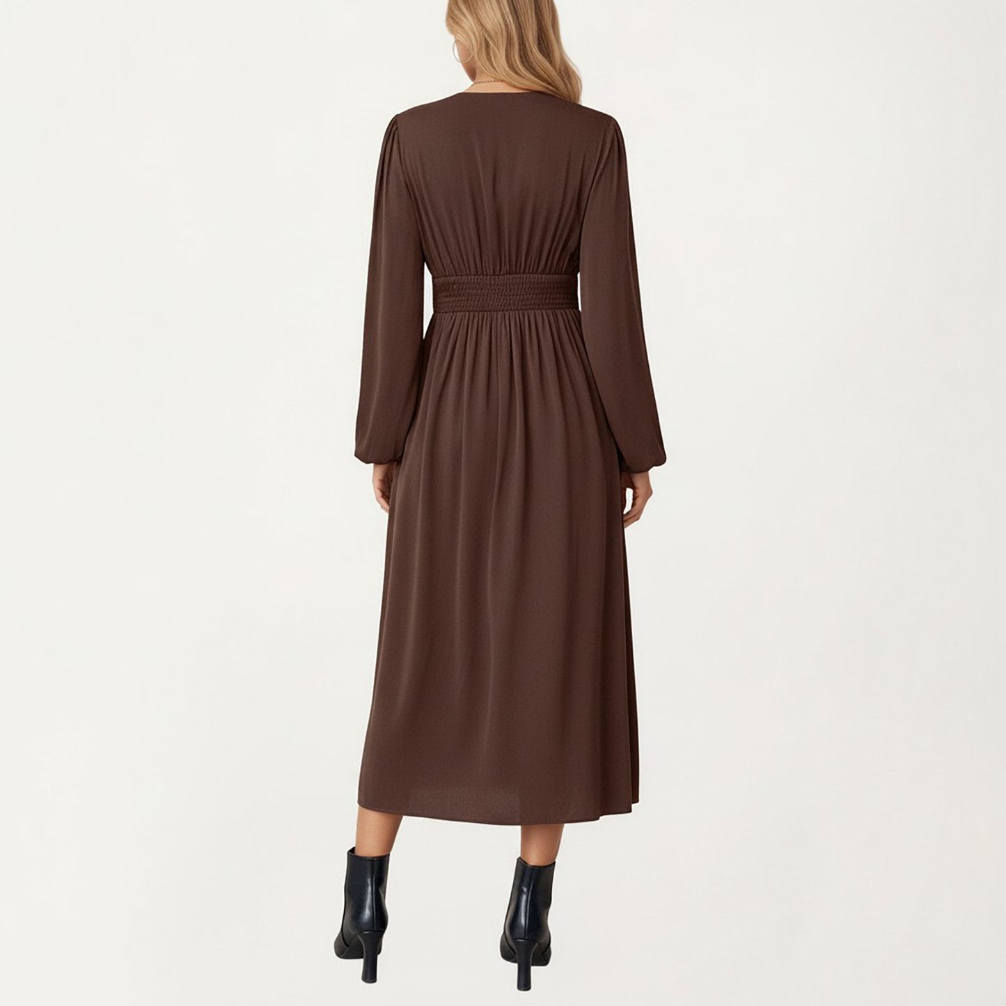 Long Sleeve Brown Dress with V-Neck and Elastic Waist