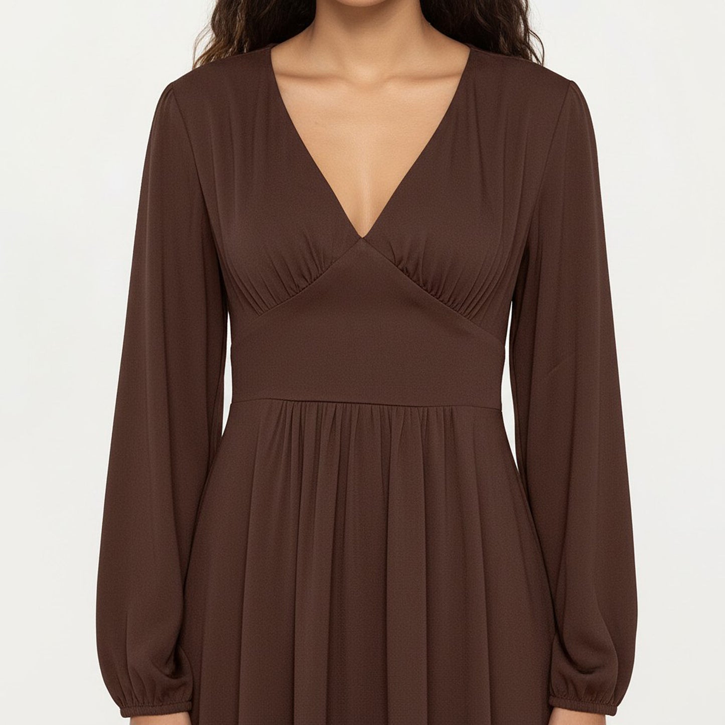 Long Sleeve Brown Dress with V-Neck and Elastic Waist