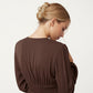 Long Sleeve Brown Dress with V-Neck and Elastic Waist