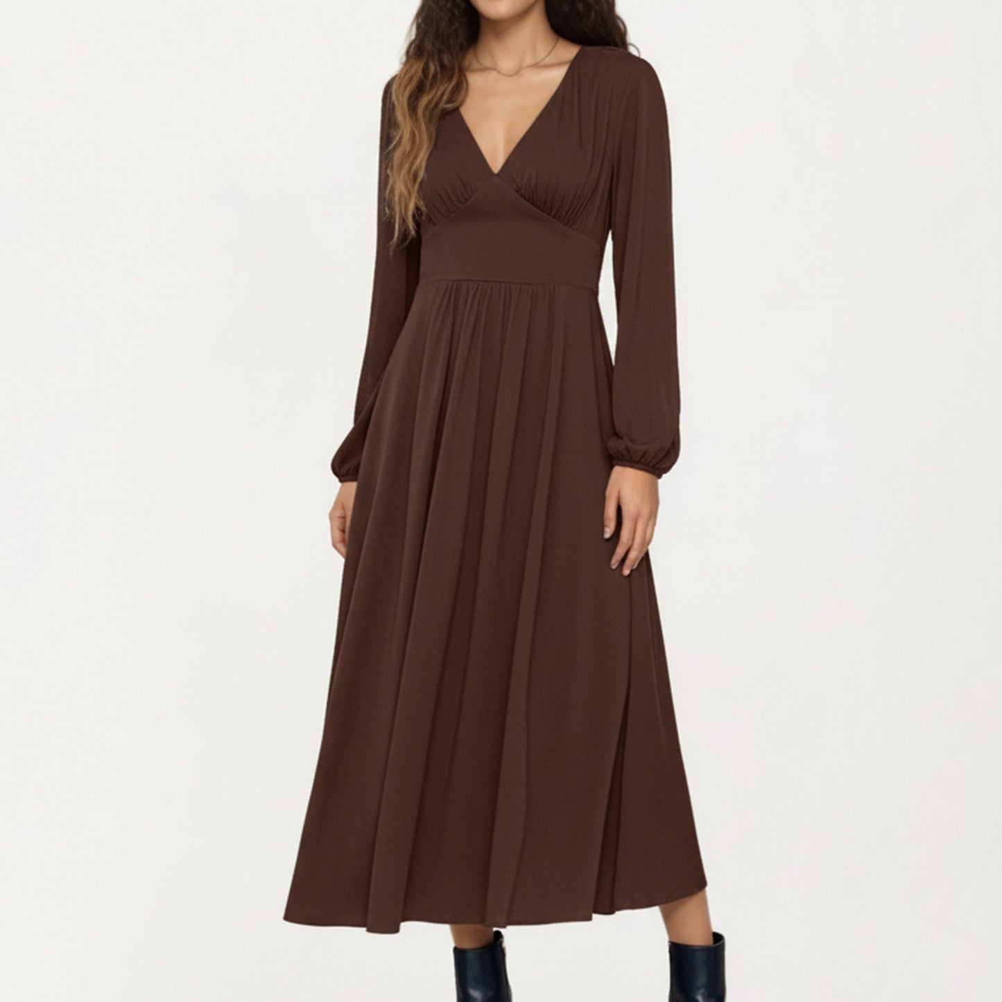 Long Sleeve Brown Dress with V-Neck and Elastic Waist