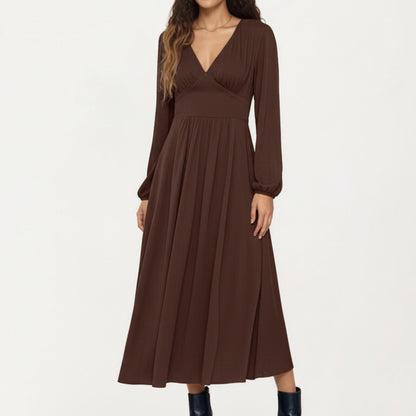 Long Sleeve Brown Dress with V-Neck and Elastic Waist