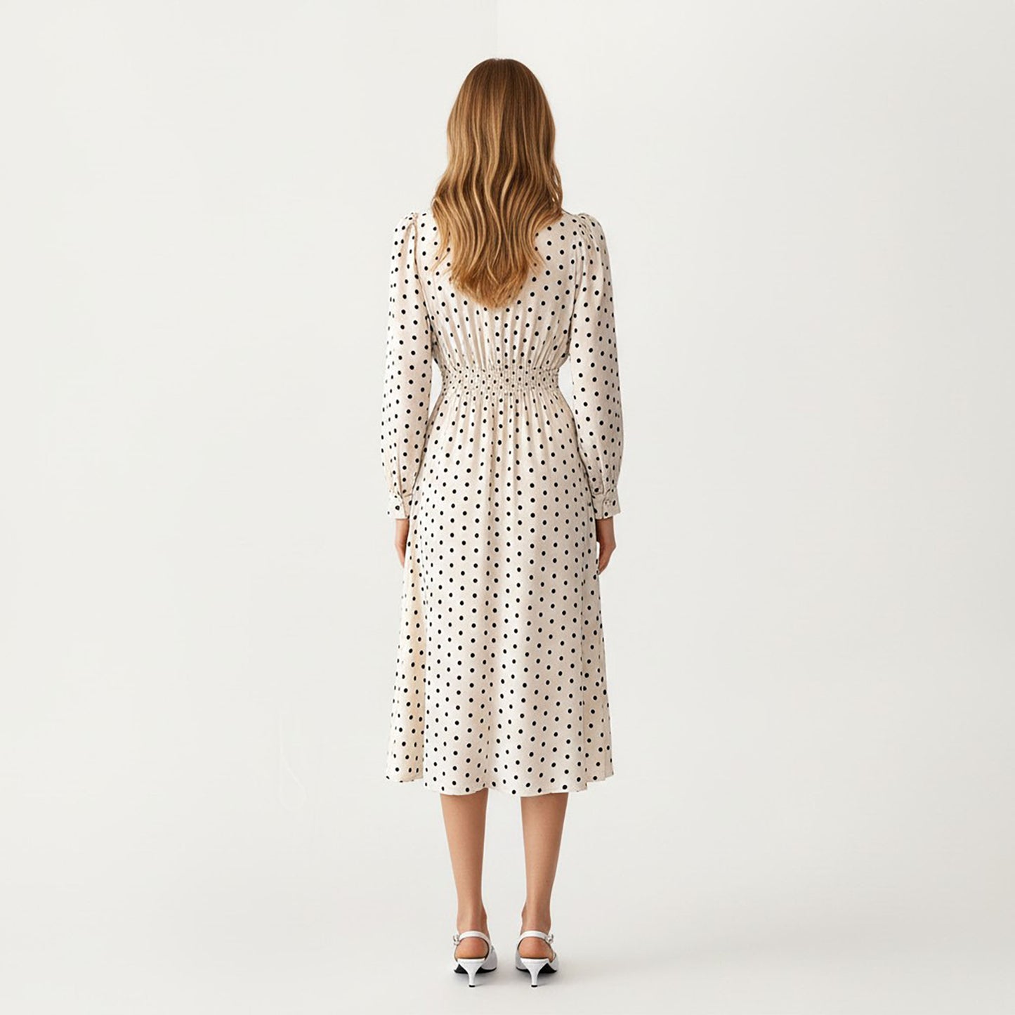 Polka Dot Long Sleeve Dress with Bow Tie Neckline