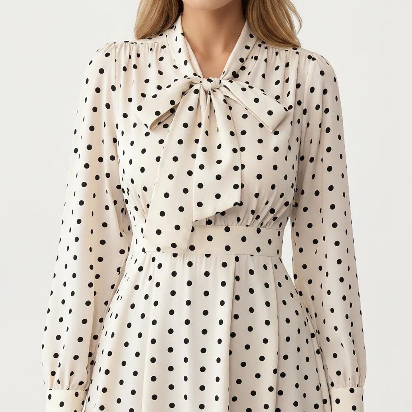 Polka Dot Long Sleeve Dress with Bow Tie Neckline
