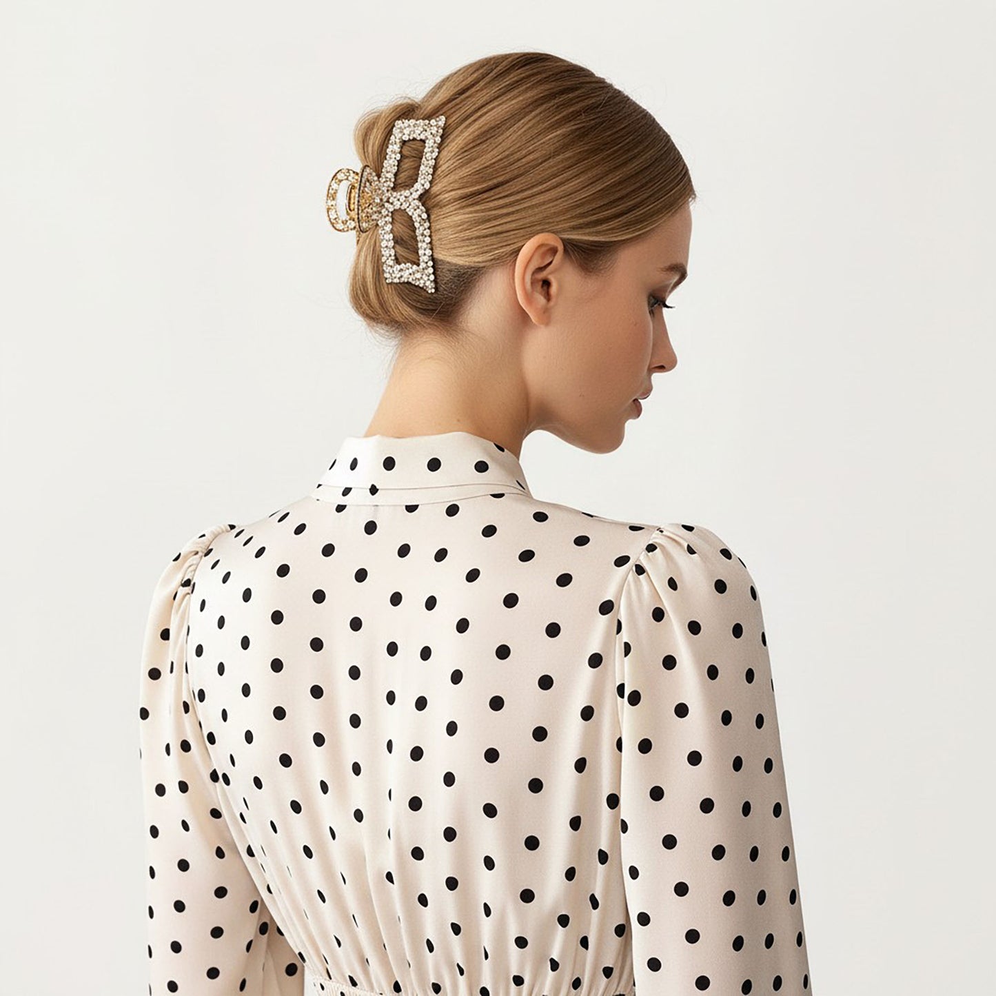 Polka Dot Long Sleeve Dress with Bow Tie Neckline