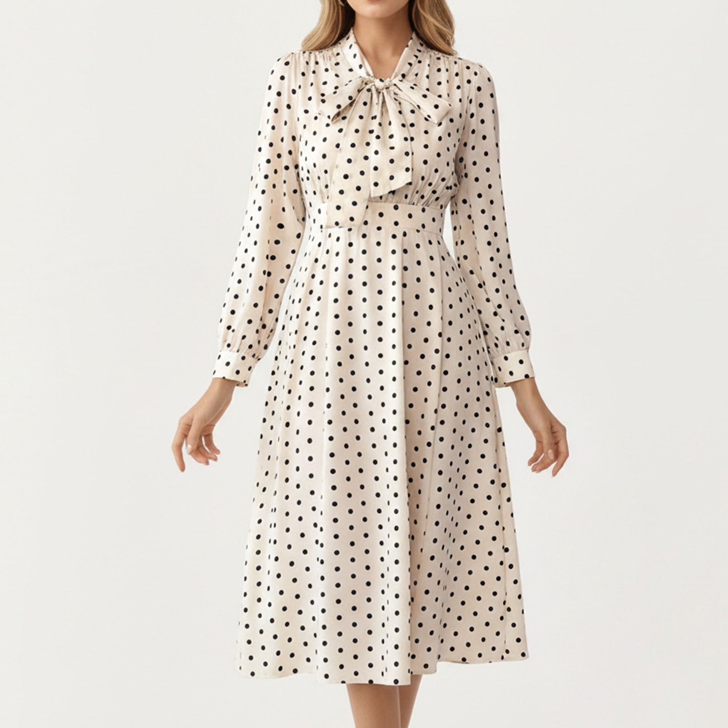 Polka Dot Long Sleeve Dress with Bow Tie Neckline