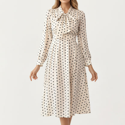 Polka Dot Long Sleeve Dress with Bow Tie Neckline
