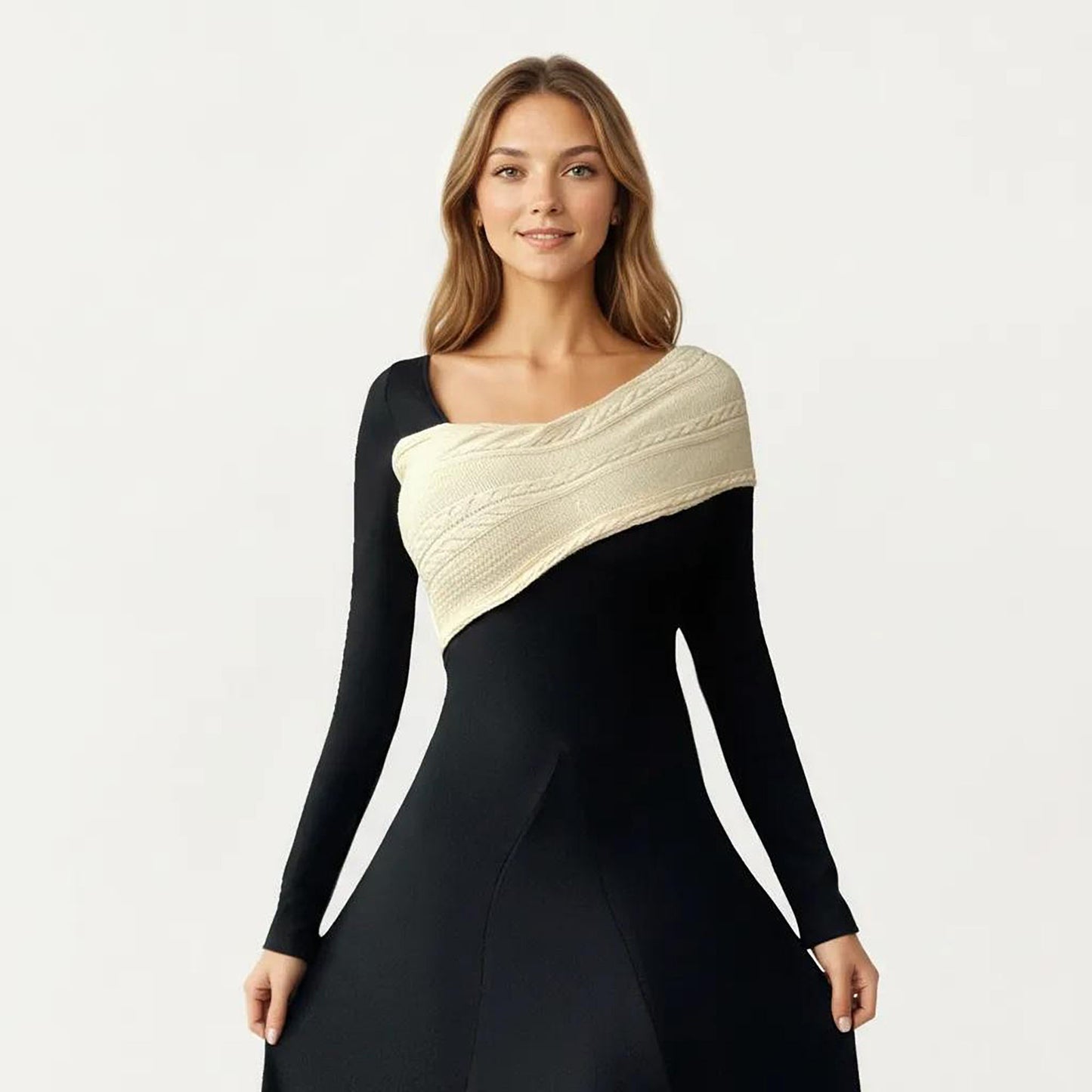 Black Midi Dress with Off-Shoulder Knit Detail and Long Sleeves
