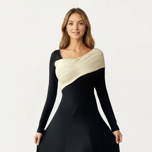 Black Midi Dress with Off-Shoulder Knit Detail and Long Sleeves