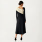 Black Midi Dress with Off-Shoulder Knit Detail and Long Sleeves