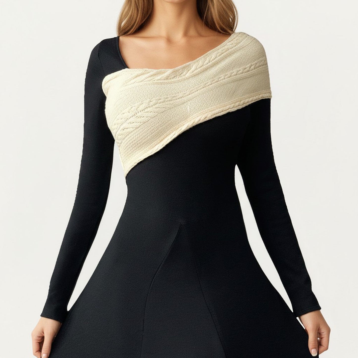 Black Midi Dress with Off-Shoulder Knit Detail and Long Sleeves