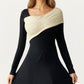 Black Midi Dress with Off-Shoulder Knit Detail and Long Sleeves