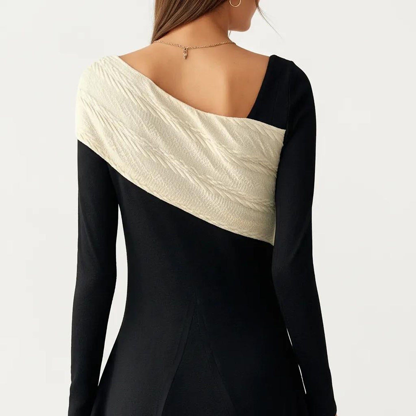 Black Midi Dress with Off-Shoulder Knit Detail and Long Sleeves