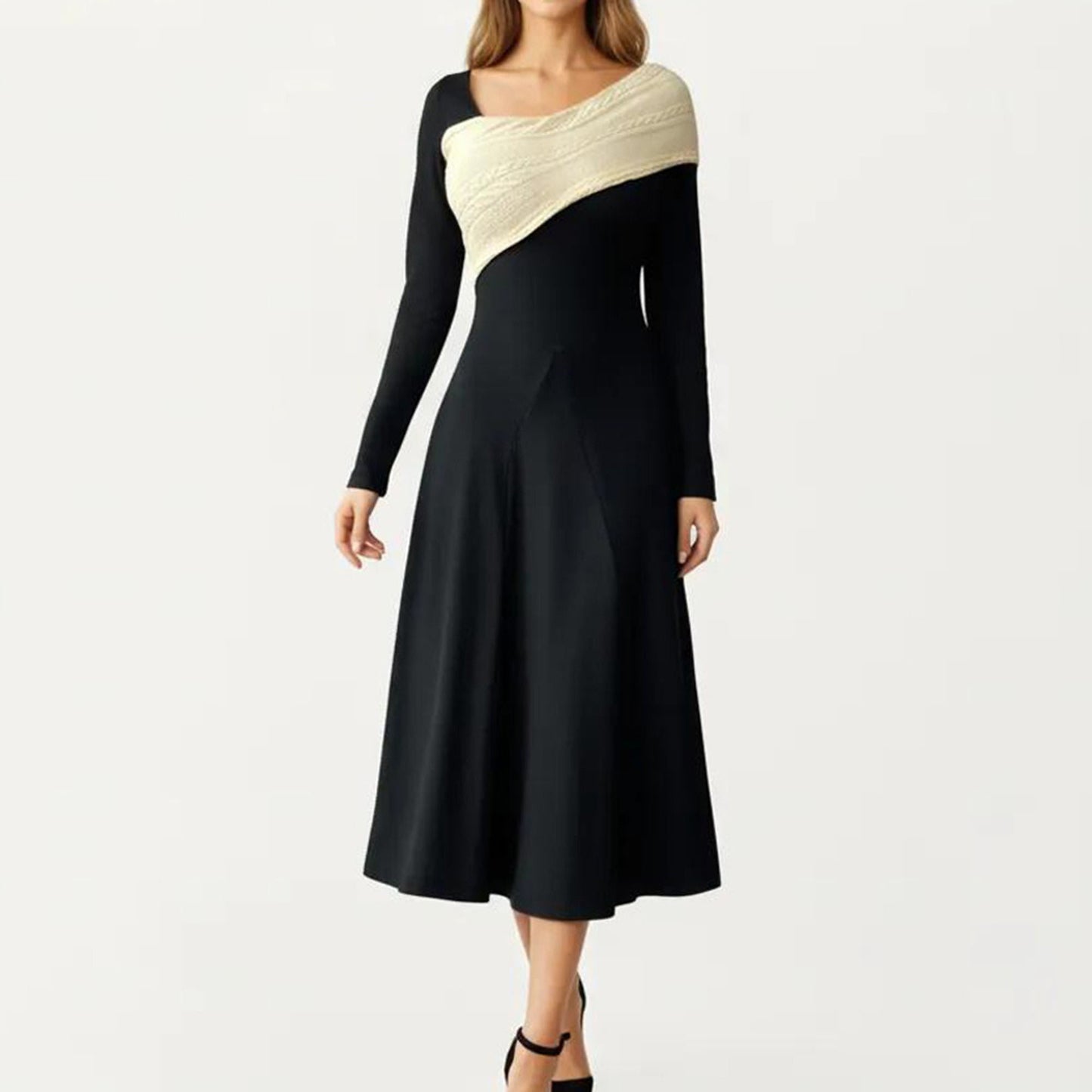 Black Midi Dress with Off-Shoulder Knit Detail and Long Sleeves