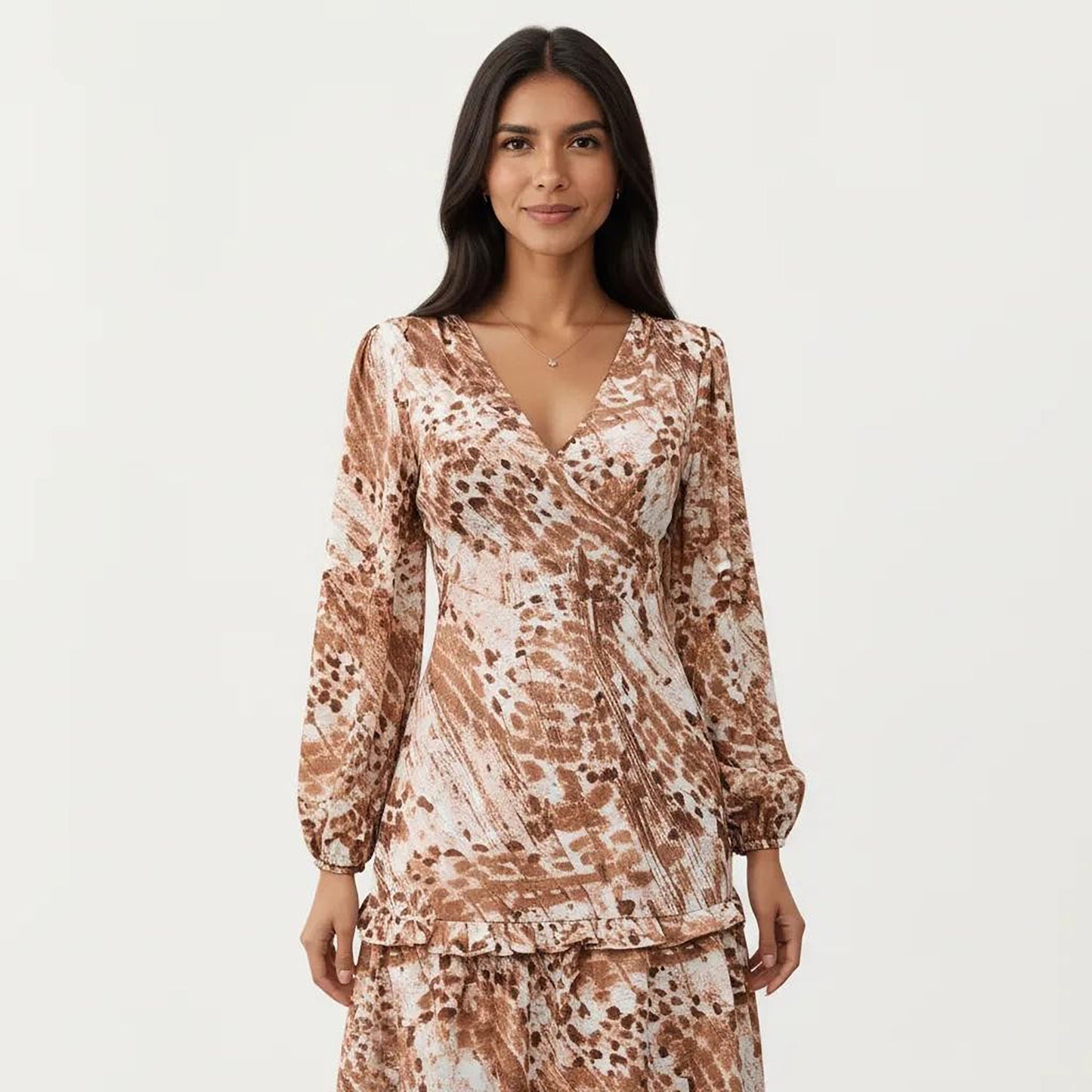 Brown Animal Print Tiered Dress with Long Sleeves and V-Neckline