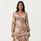 Brown Animal Print Tiered Dress with Long Sleeves and V-Neckline