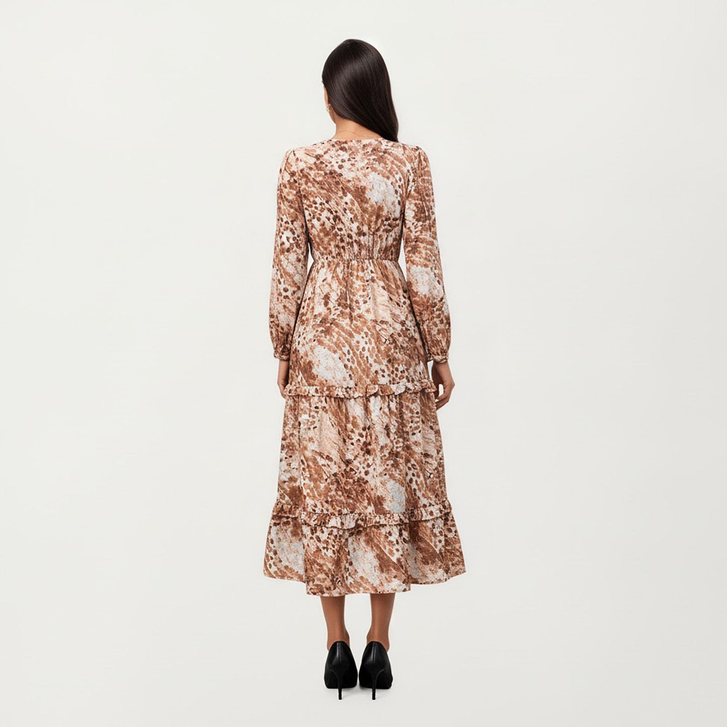 Brown Animal Print Tiered Dress with Long Sleeves and V-Neckline