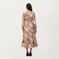 Brown Animal Print Tiered Dress with Long Sleeves and V-Neckline