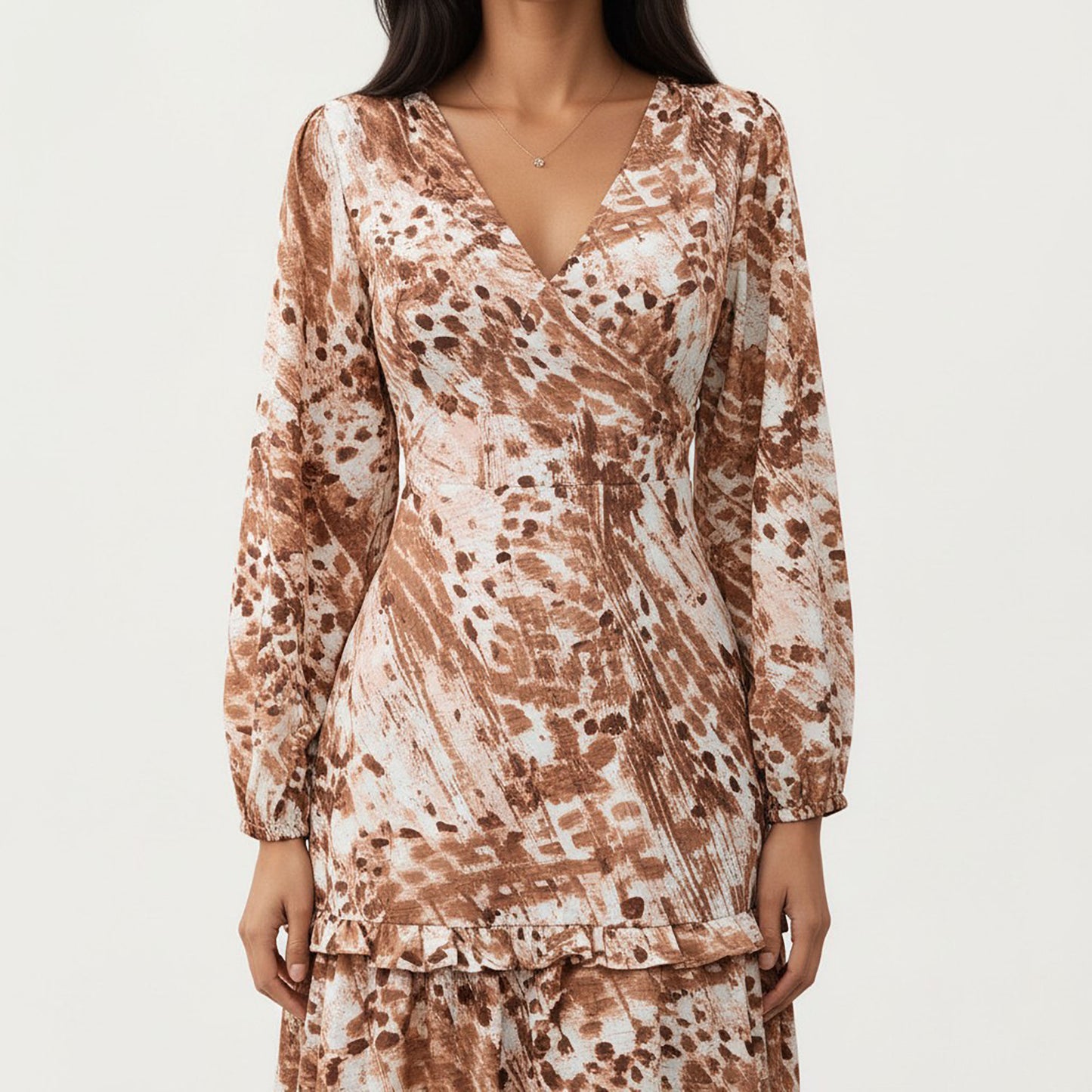 Brown Animal Print Tiered Dress with Long Sleeves and V-Neckline