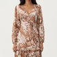 Brown Animal Print Tiered Dress with Long Sleeves and V-Neckline