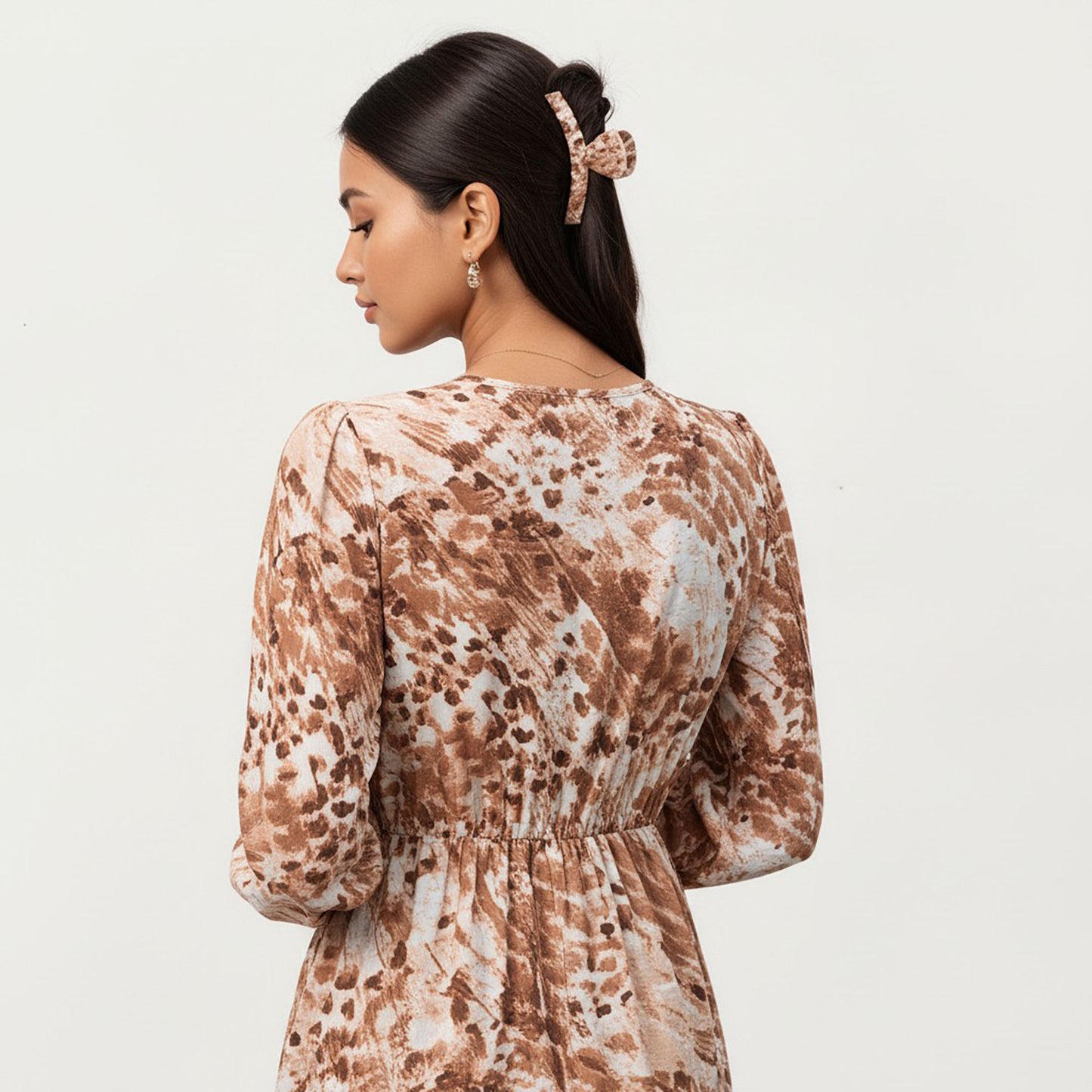Brown Animal Print Tiered Dress with Long Sleeves and V-Neckline