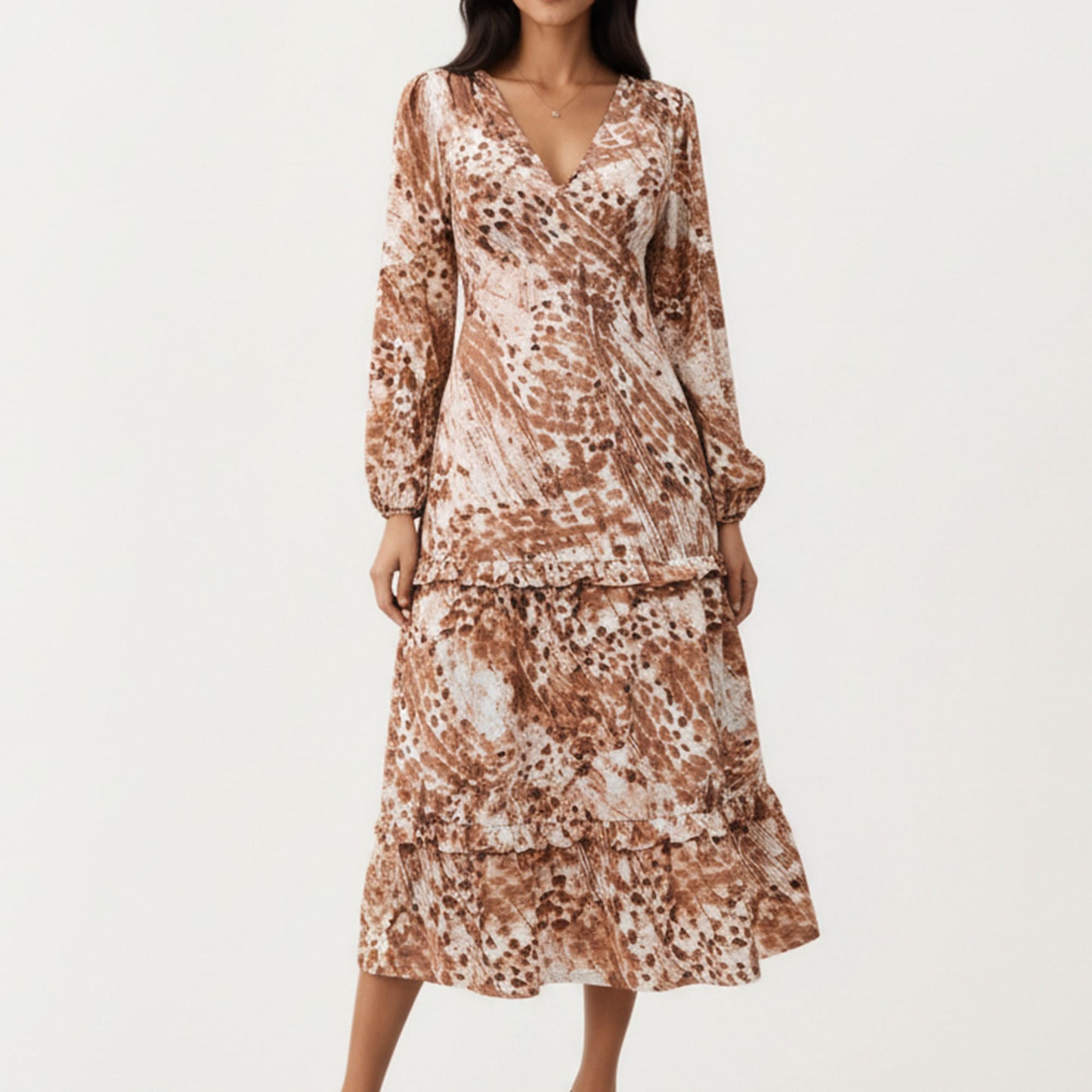 Brown Animal Print Tiered Dress with Long Sleeves and V-Neckline