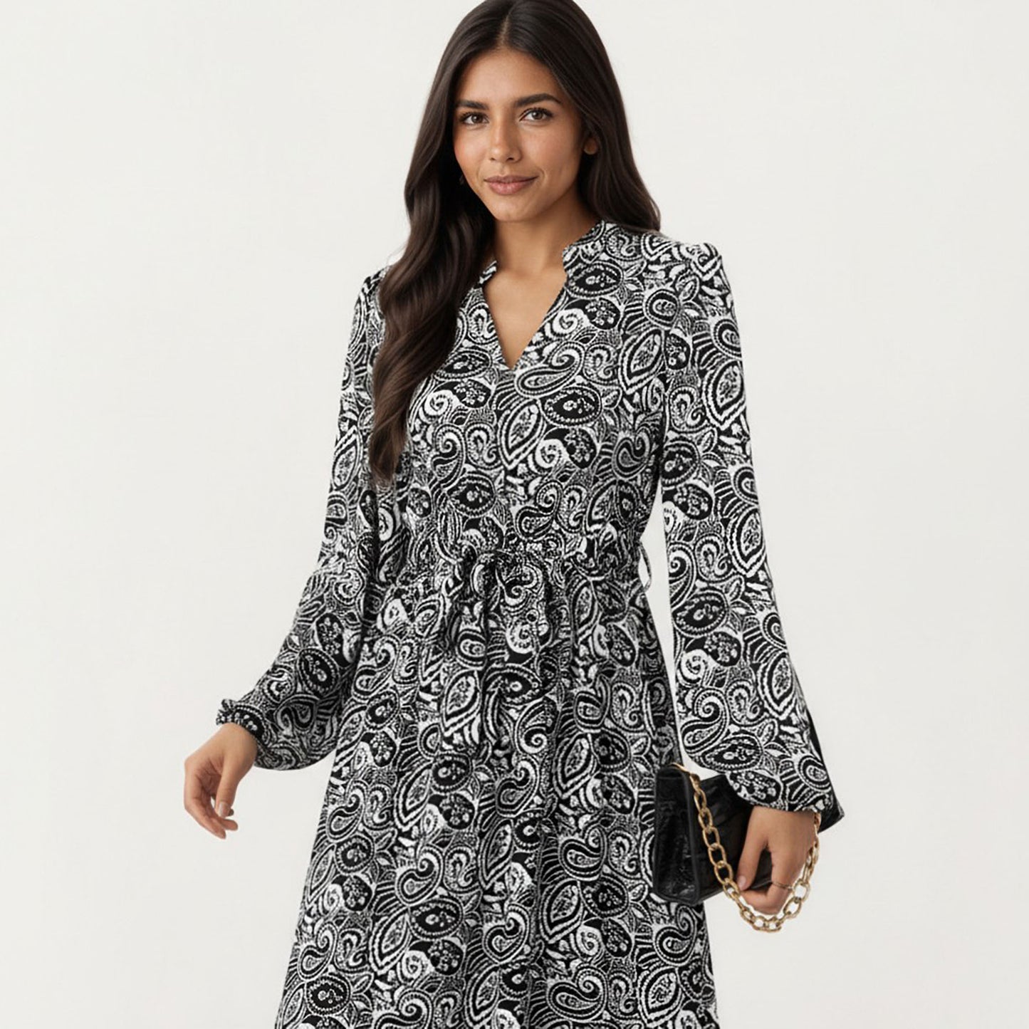Black Paisley Print Dress with Long Sleeves and V-Neckline