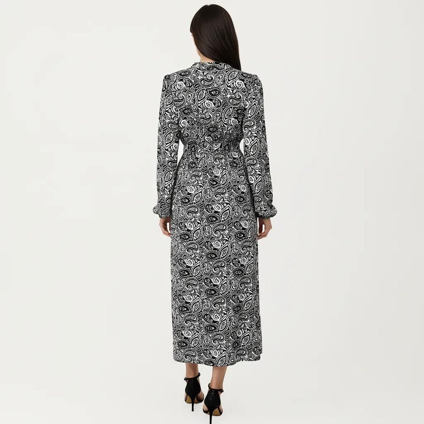Black Paisley Print Dress with Long Sleeves and V-Neckline