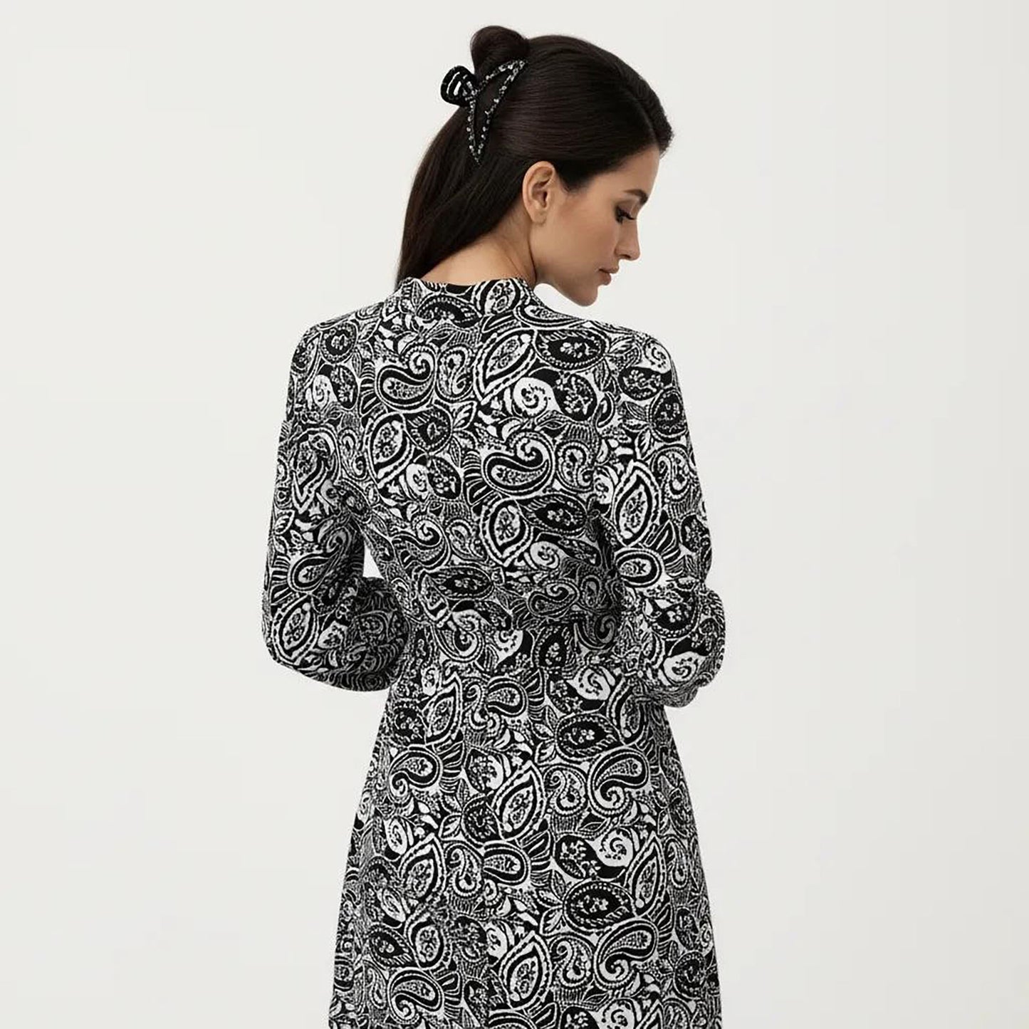 Black Paisley Print Dress with Long Sleeves and V-Neckline