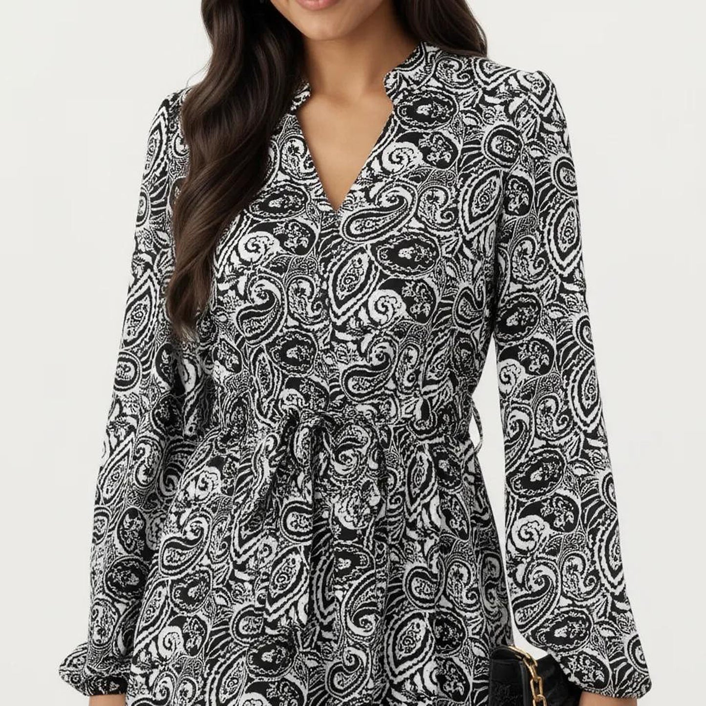 Black Paisley Print Dress with Long Sleeves and V-Neckline