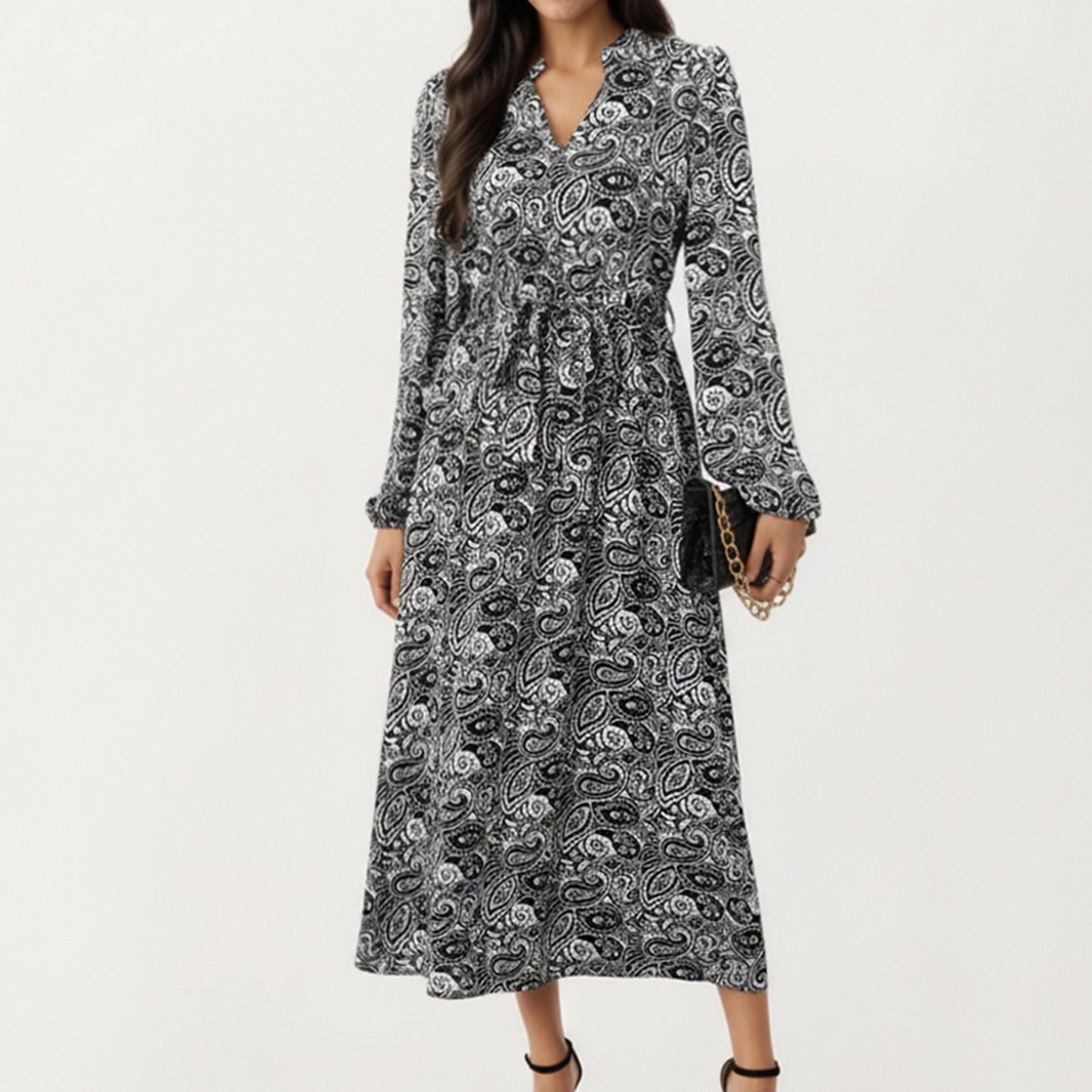 Black Paisley Print Dress with Long Sleeves and V-Neckline