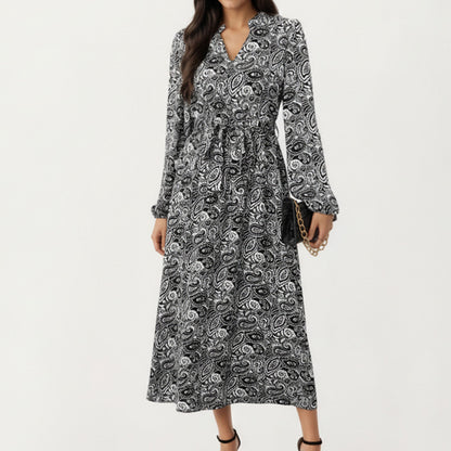 Black Paisley Print Dress with Long Sleeves and V-Neckline