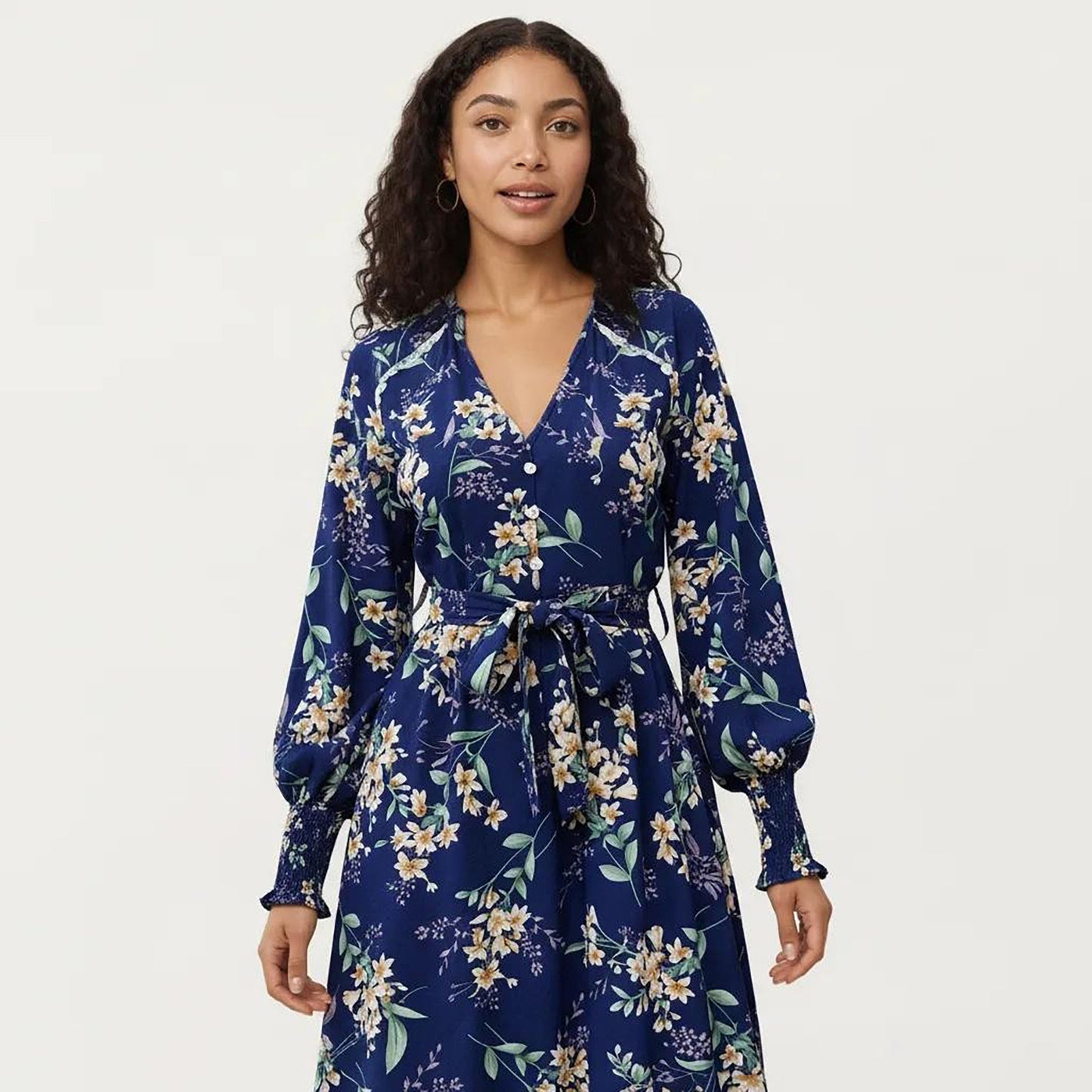 Floral Print Dress with V-Neckline, Long Sleeves, and Waist Tie